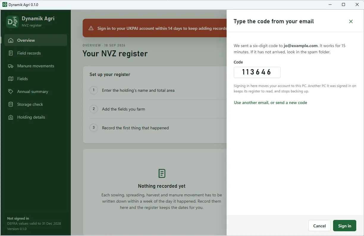 The six-digit code from the email typed into Dynamik Agri