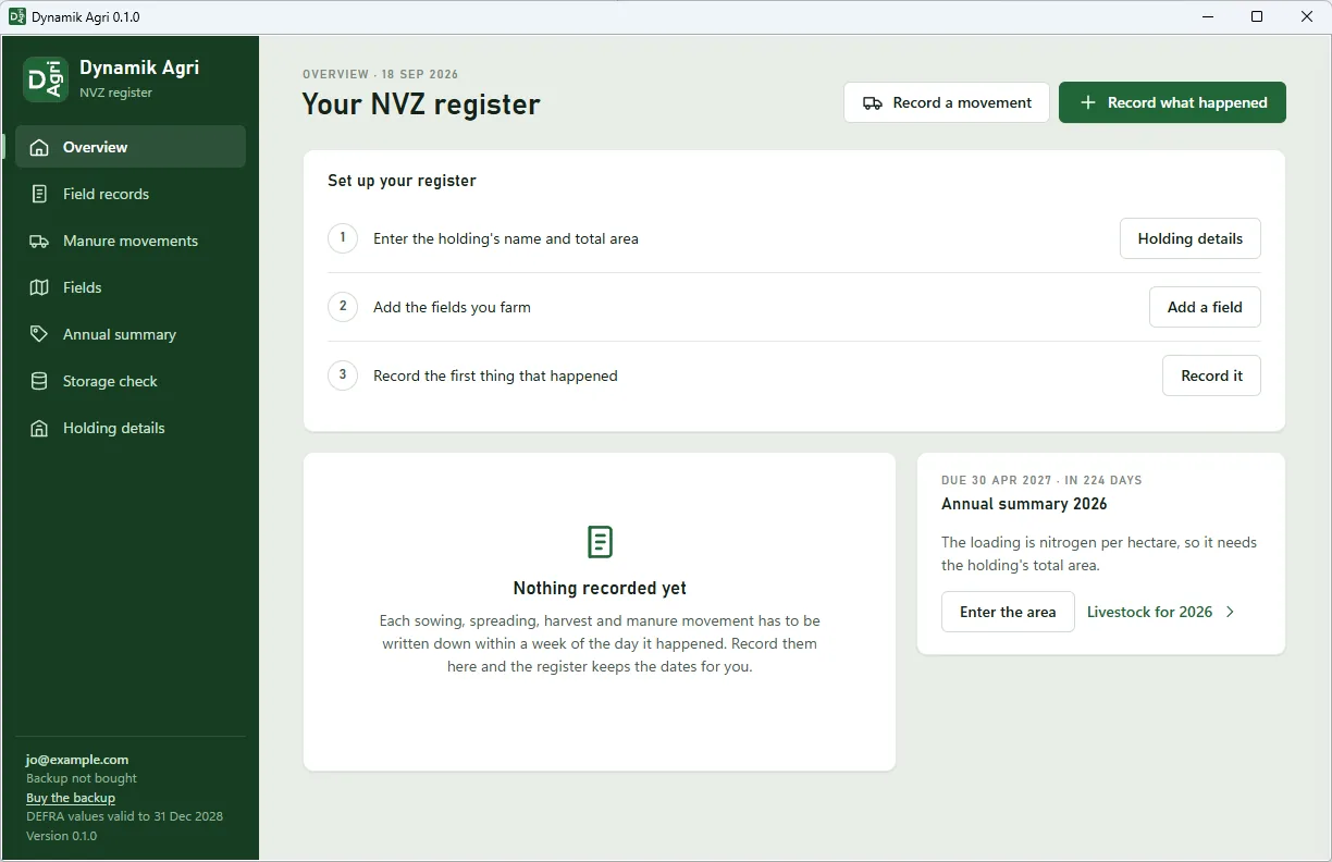 The first screen of the register with its three set-up steps