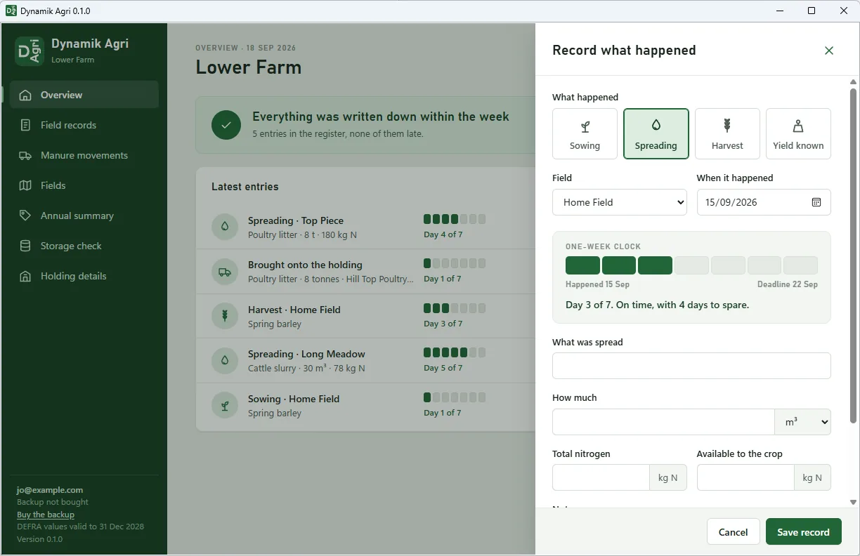 Recording a manure spreading in Dynamik Agri, with the one-week clock counting the days left